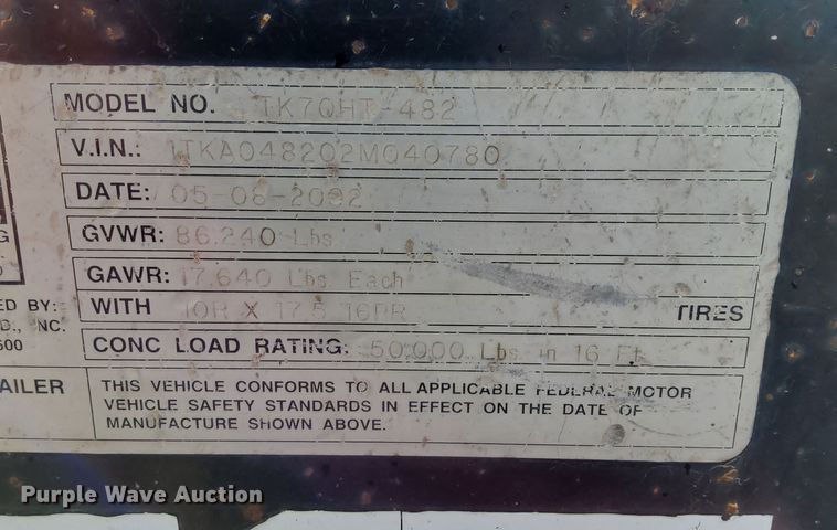 image for item DQ5990 2002 Trail King TK70HT-482 drop deck equipment trailer