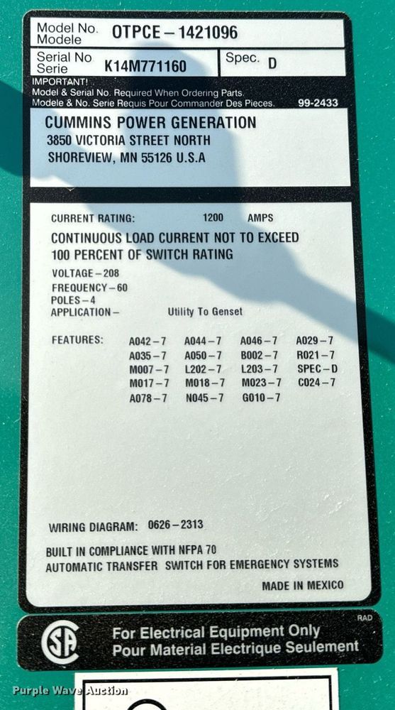 image for item EH6520 Cummins PowerCommand OTPCE-1421096 transfer switch