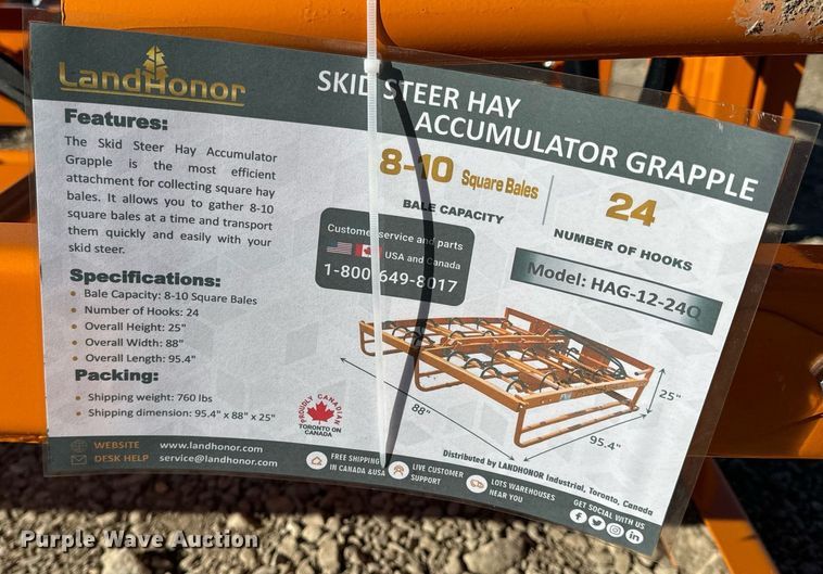 image for item EH6538 2023 LandHonor HAG-12-24Q skid steer bale accumulator grapple