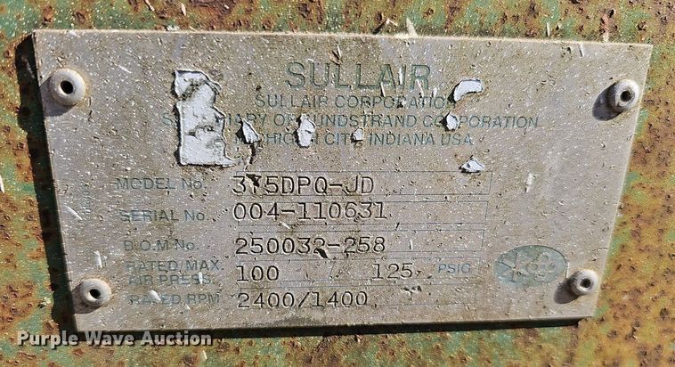 image for item EJ5947 1993 Sullair  375DPQ-JD air compressor