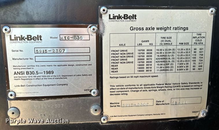 image for item EK4104 1994 Link-Belt  HTC-830 crane