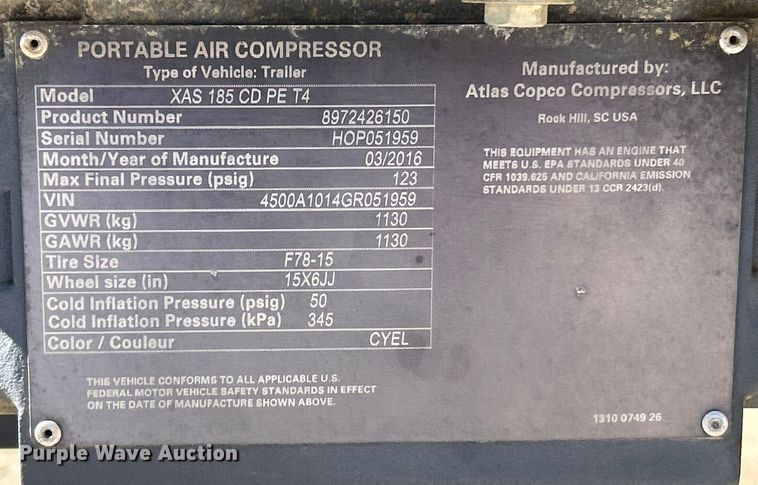 image for item EK4151 2016 Atlas Copco XAS 185 CD7 air compressor