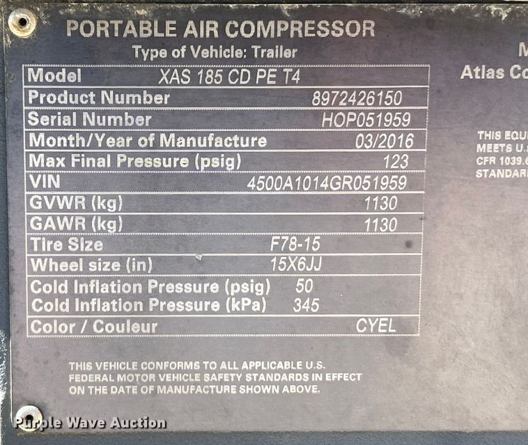 image for item EK4151 2016 Atlas Copco XAS 185 CD7 air compressor