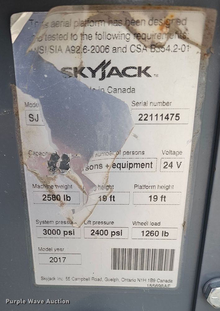 image for item IO9863 2017 Skyjack SJIII 3219 scissor lift