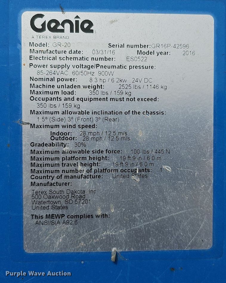 image for item IO9864 2016 Genie GR-20 vertical lift