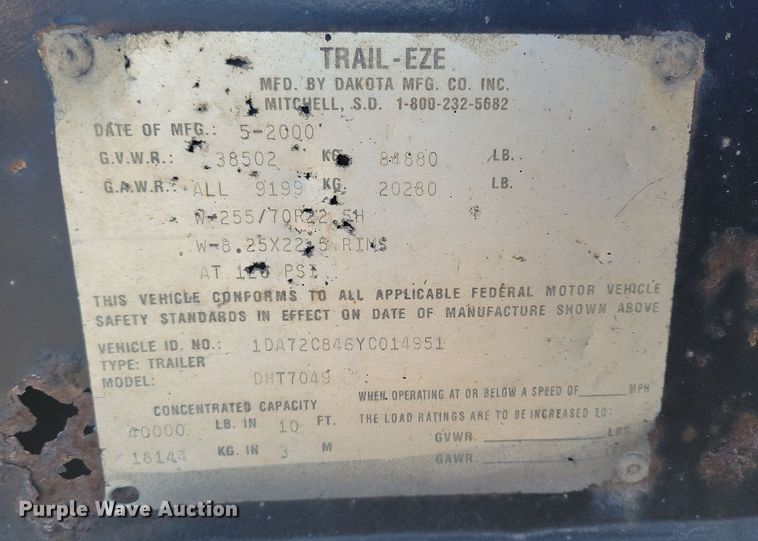 image for item LC9844 2000 Trail-Eze DHT7049 drop deck equipment trailer