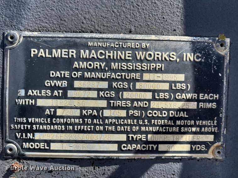 image for item LE9025 1995 Palmer TA-26F end dump trailer