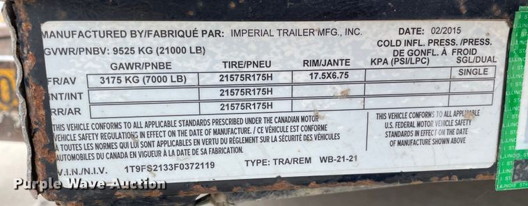 image for item LW9006 2015 Imperial   WB-21-21 tilt deck equipment trailer