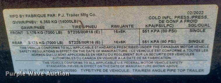 image for item MI9995 2022 PJ utility trailer