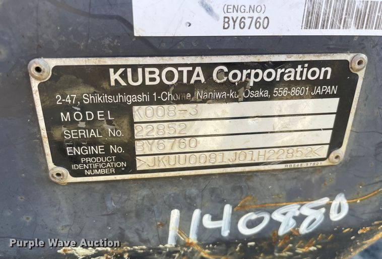 image for item OG9819 2012 Kubota  K008-3 mini excavator