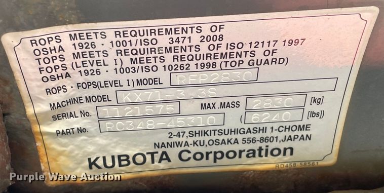 image for item OG9820 2011 Kubota  KX71-3S mini excavator