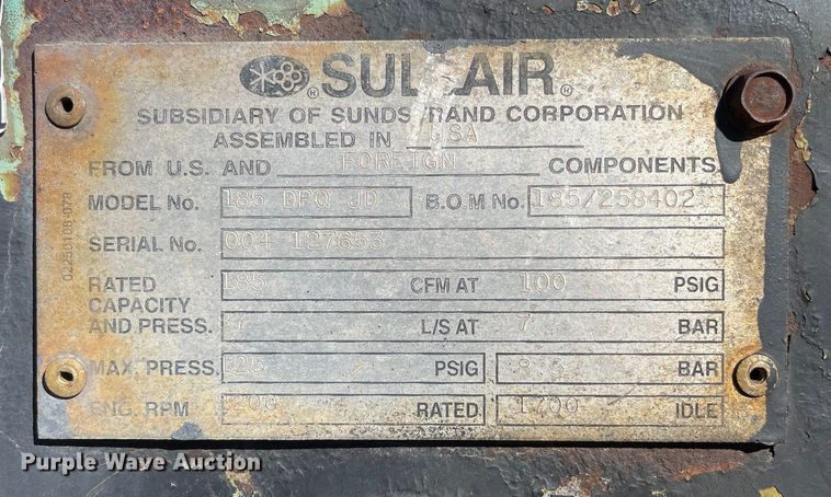 image for item OG9839 1999 Sullair 185DPQ JD air compressor