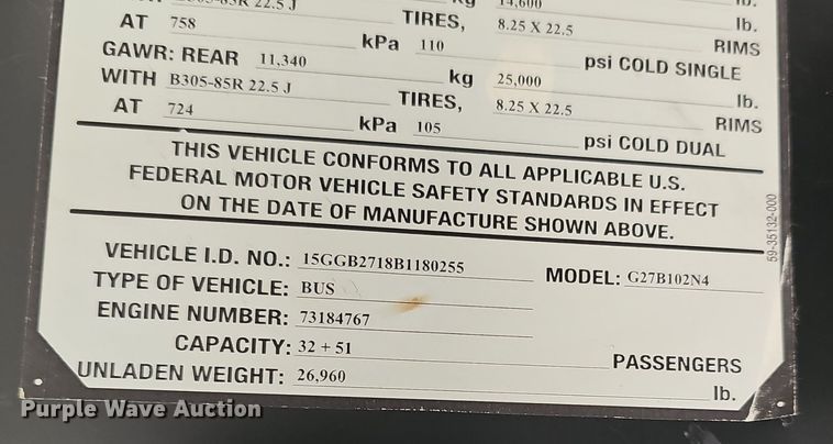 image for item DM1516 2011 Gillig G27B102N4 transit bus