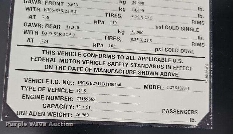 image for item DM1523 2011 Gillig  G27B102N4 transit bus