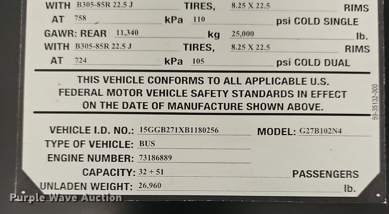 image for item DM1574 2011 Gillig G27B102N4 transit bus