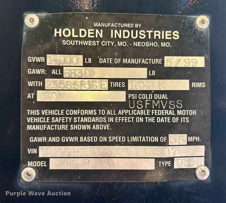 image for item DN0711 1999 Holden Industries HGP14 equipment trailer