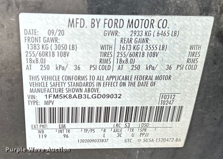 image for item DQ6377 2020 Ford Explorer Police Interceptor  SUV