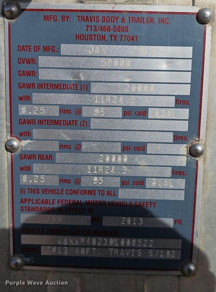 image for item EJ6007 2013 Travis Body 48FT. S/102 walking floor trailer