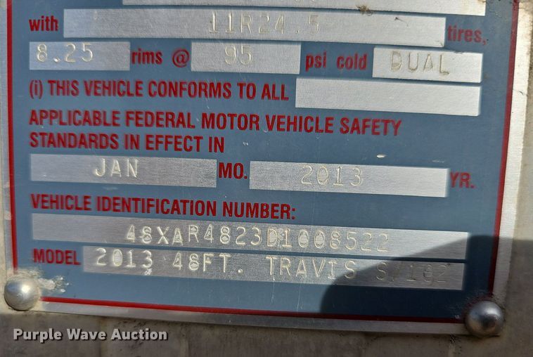 image for item EJ6007 2013 Travis Body 48FT. S/102 walking floor trailer