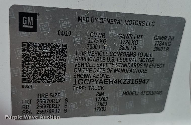 image for item EJ6012 2019 Chevrolet Silverado 1500 Crew Cab pickup truck