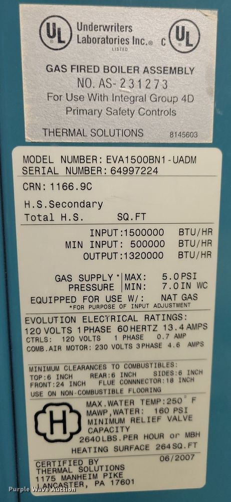 image for item IQ9909 2007 Thermal Solutions Evolution boiler