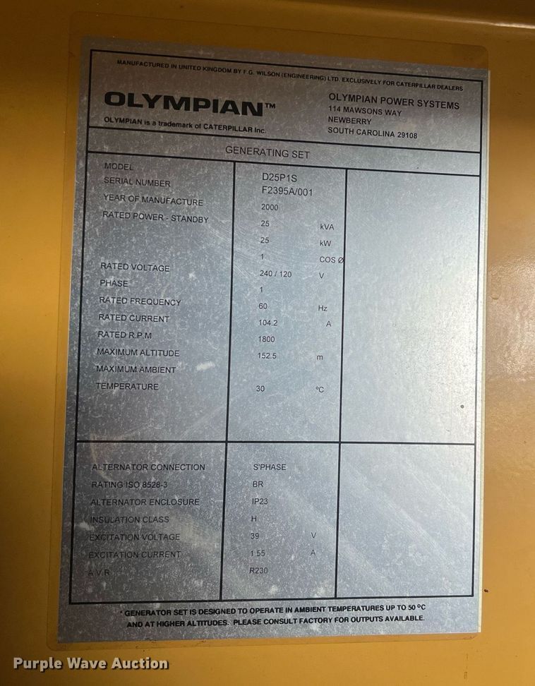 image for item NN9352 2000 Olympian D25P1S generator