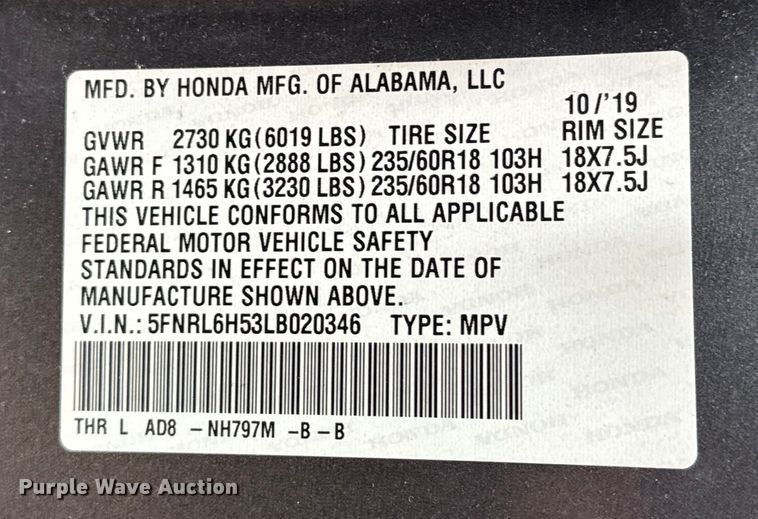 image for item NU9545 2020 Honda Odyssey van