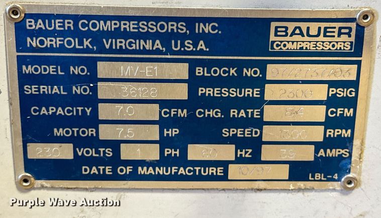 image for item OM9912 1997 Bauer MV-E1 SCBA air compressor