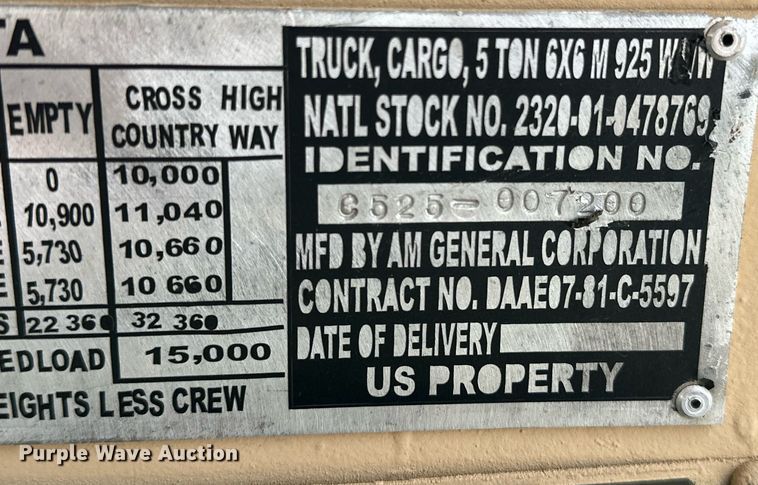 image for item OM9919 1985 AM General  M925 tanker fire truck