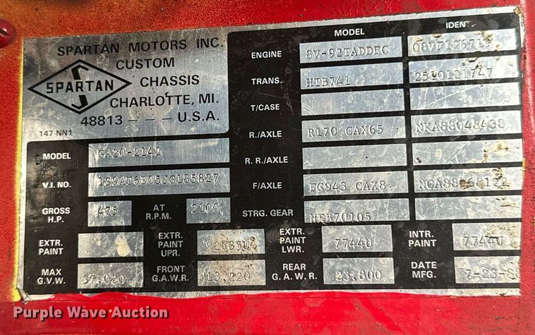 image for item OM9920 1988 Spartan GA20-2142 pumper fire truck