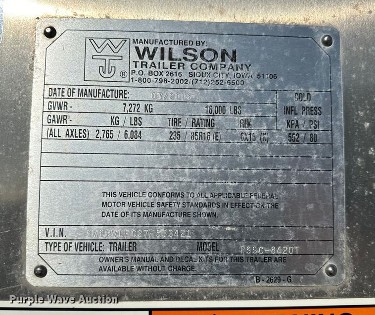 image for item NU9524 2007 Wilson PSSC-8420T livestock trailer