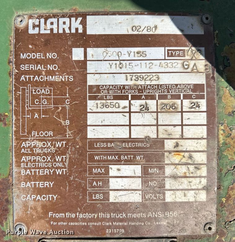image for item OA9737 1980 Clark 0500-Y155 forklift