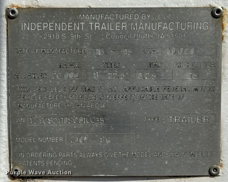 image for item OJ9675 1995 Independent 2401-SG grain trailer