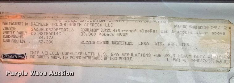 image for item DU2500 2013 Freightliner  Cascadia semi truck