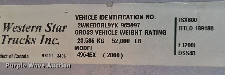 image for item EI3609 2000 Western Star 4900E semi truck