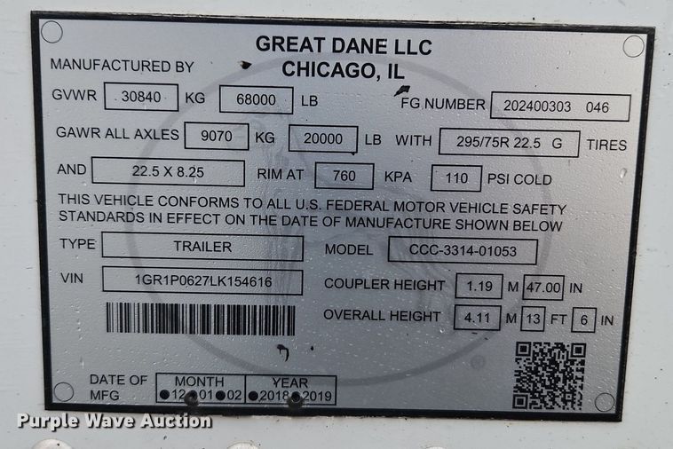 image for item EI3620 2020 Great Dane CCC-3314-01053 dry van trailer