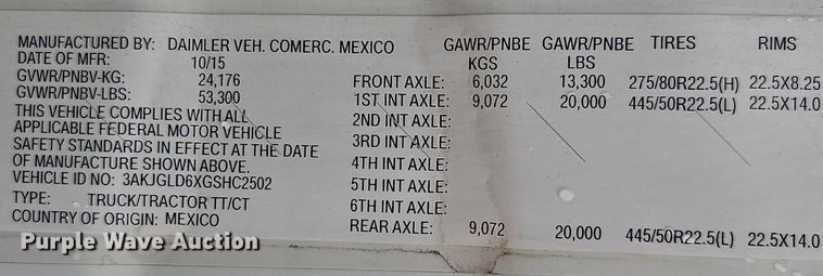 image for item EI3621 2016 Freightliner  Cascadia semi truck