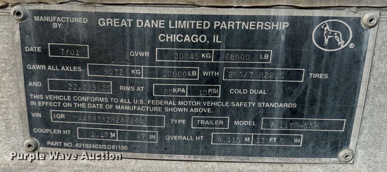 image for item NF9431 2002 Great Dane 7411TP-SA dry van trailer