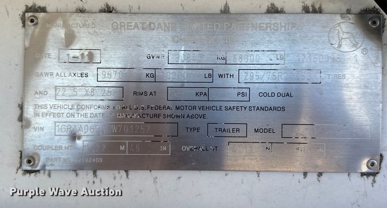 image for item NJ9386 2012 Great Dane SUP-1114-31053 refrigerated van trailer