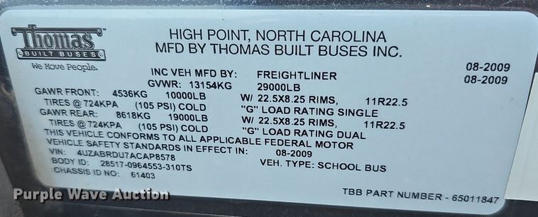 image for item DK0708 2010 Freightliner Thomas Built school bus