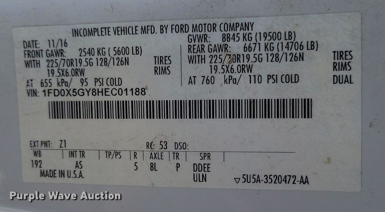 image for item DK4194 2017 Ford F550 Super Duty XL SuperCab truck cab and chassis