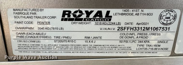 image for item DK6800 2021 Royal Cargo LCHT35-716-86 enclosed cargo trailer
