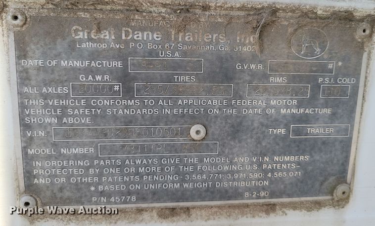 image for item DR7882 1991 Great Dane 7341TPL45 dry van trailer