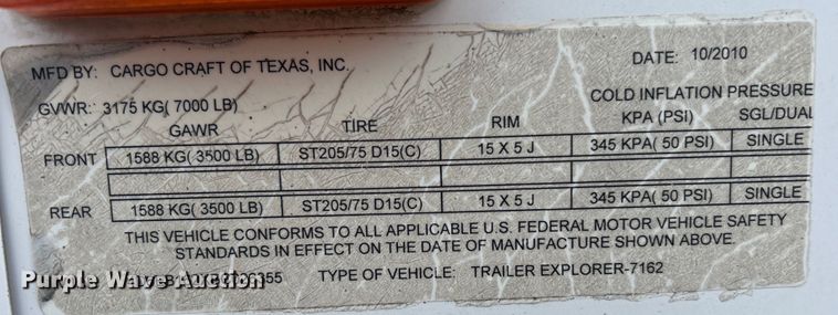 image for item EG1267 2011 Cargo Craft of Texas Explorer-7162 enclosed cargo trailer