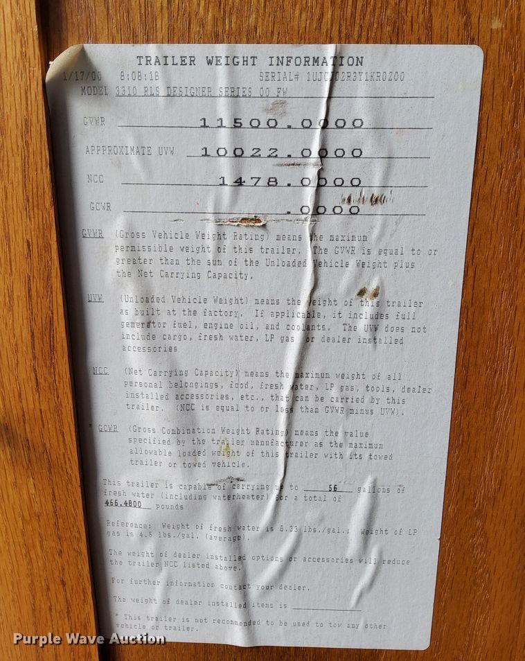 image for item EI3604 2000 Jayco 3310 RLS Designer camper