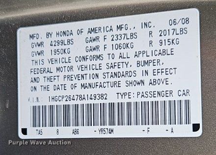 image for item EI3610 2008 Honda Accord 