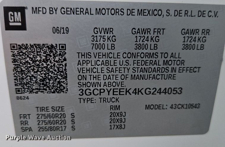 image for item EI3639 2019 Chevrolet  Silverado 1500 Crew Cab pickup truck