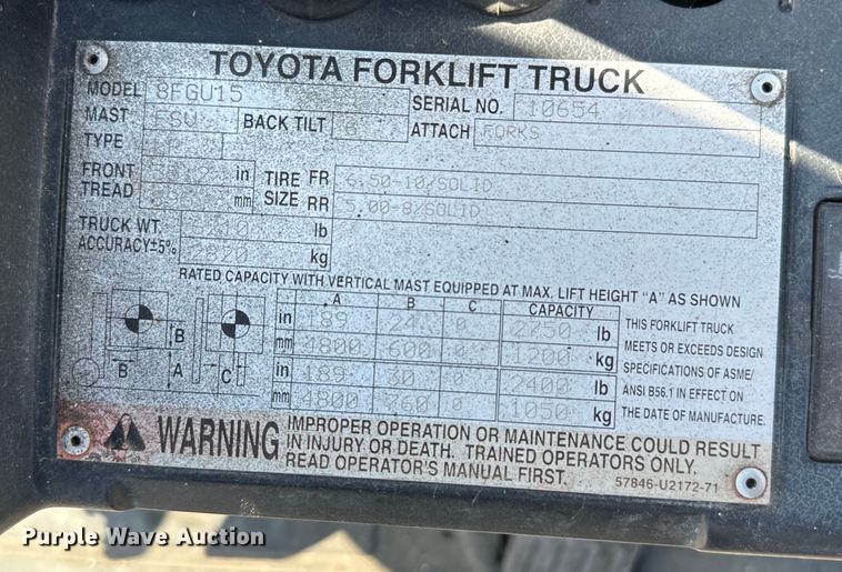 image for item EJ0322 Toyota 8FGU15 forklift