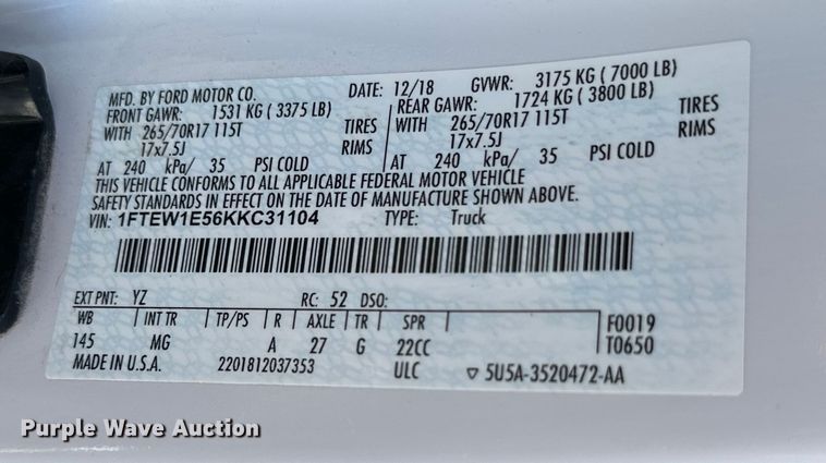 image for item JT9071 2019 Ford F150 SuperCrew pickup truck