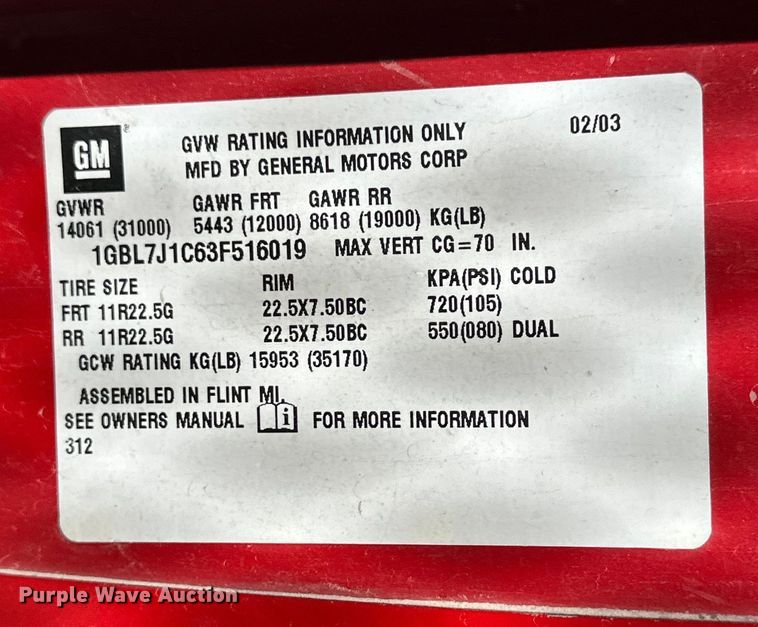 image for item NJ9413 2003 Chevrolet C7500 forestry bucket truck